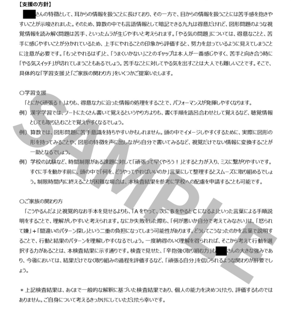 心理検査報告書サンプル（支援の方針）
